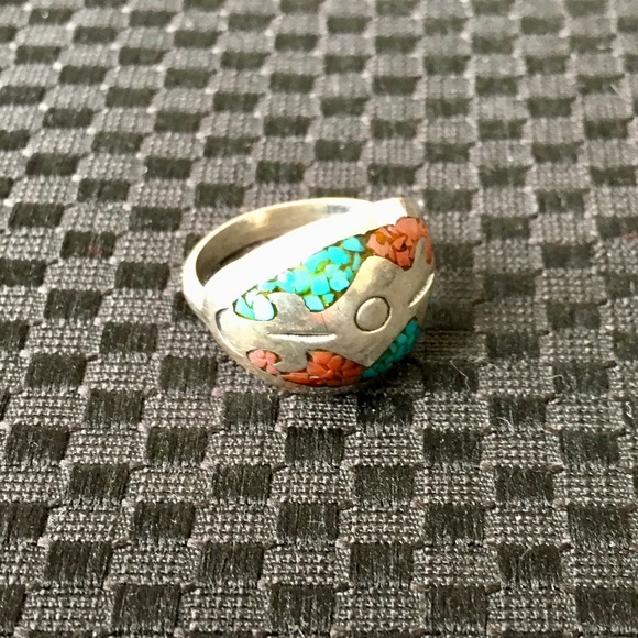 Jewelry - Vintage Navajo Silver, Turquoise, & Coral Ring.